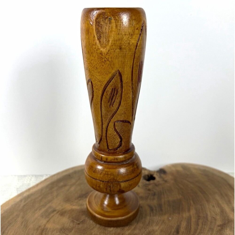 Vintage Hand Carved Wooden Bud Vase St Maarten Caribbean Folk Art Signed Boho